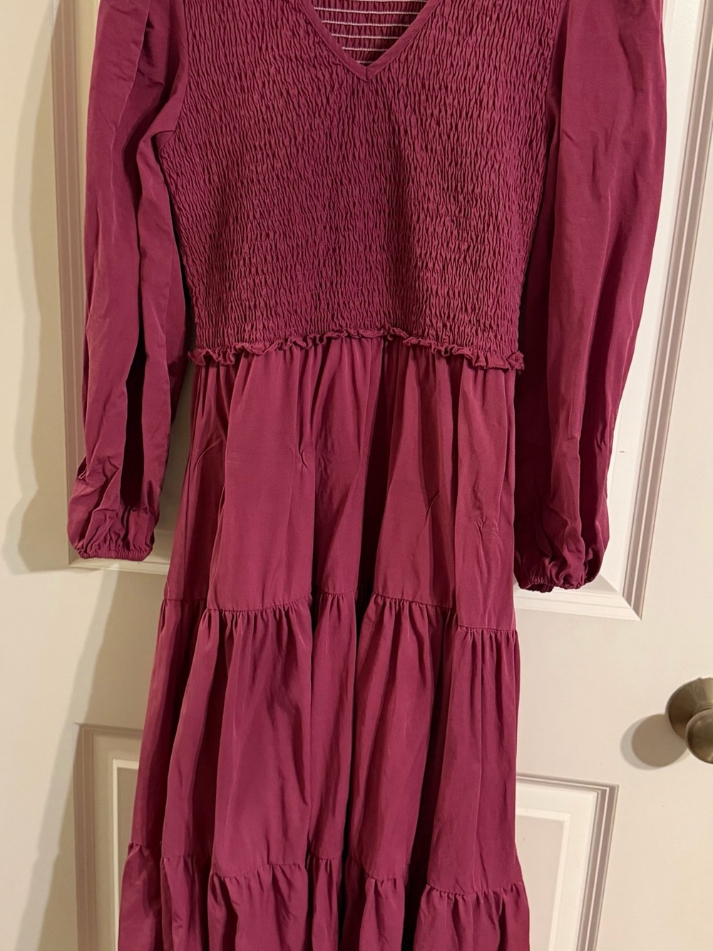 bohme Berry Pink Smocked Bodice Tiered Long Sleeve Dress